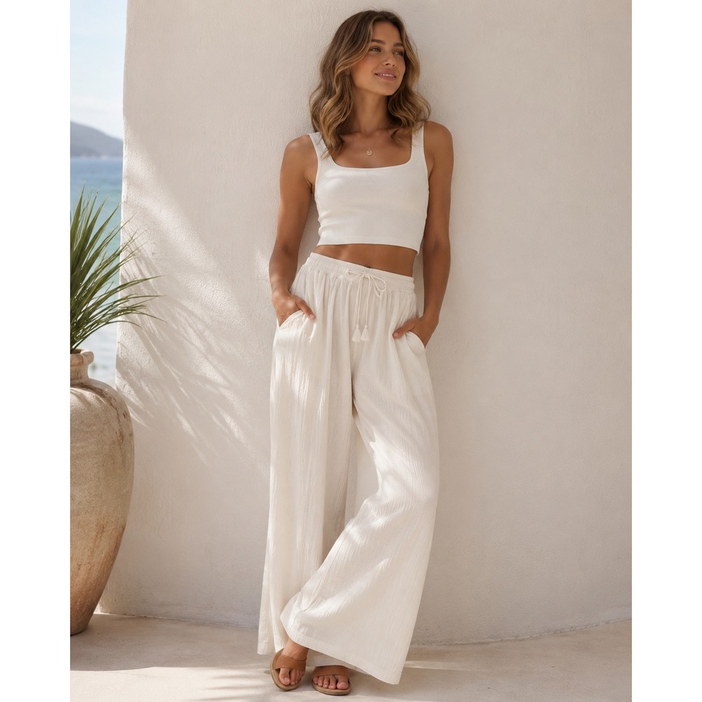 Madewell Double Gauze Wide-Leg Pants S Cream Pull-On Drawstring Beach Cotton - Picture 15 of 15